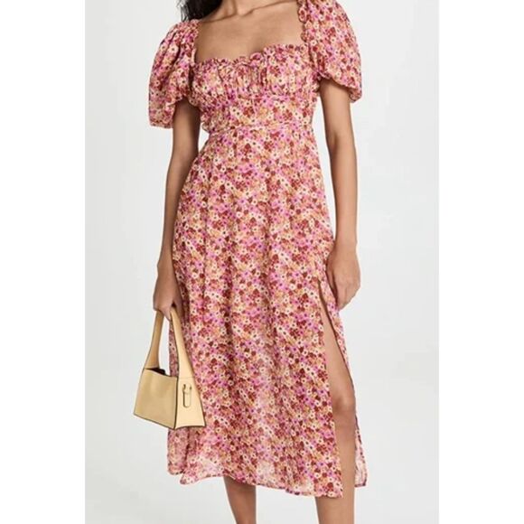 For Love and Lemons Felicia Midi Dress Pink Floral Puff Sleeve Size L - Picture 1 of 4